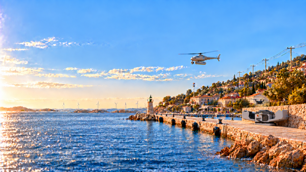 Concept illustration of unmanned aerial systems, a drone dock and energy infrastructure at a coastal harbour